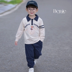 Set bộ bé trai áo thun polo cotton tay dài phối màu họa tiết ngựa kèm quần dài size 9 tới 28kg BERNIE H0825B31