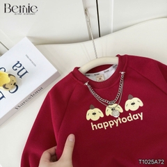 Áo thun Sweater màu đỏ áo thun dài tay hoạ tiết in gấu Happy today cho bé trai bé gái size 10 tới 30kg BERNIE T1025A73