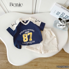 Set bộ thể thao phối màu tay ngắn họa tiết số 87 kèm quần short cho bé trai size 9 tới 28kg BERNIE T1025B65Đ