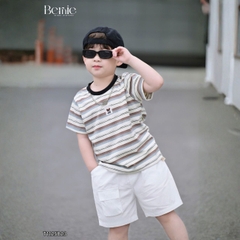  Set bộ kẻ ngang cho bé trai áo cotton tay ngắn đính tag kèm quần short kaki size 9kg tới 28kg BERNIE KIDS T1125B23