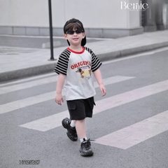 Set bộ tay ngắn raplang phối tay áo kẻ họa tiết Original kèm quần short da cá cho bé trai 1 đến 7 tuổi BERNIE H1125B27