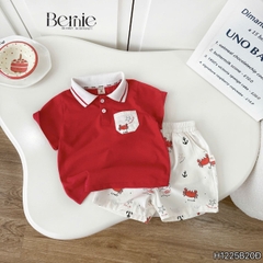 Set bộ Polo Crab màu đỏ cho bé trai áo thun polo tay ngắn và quần short kaki họa tiết size 9 tới 28kg BERNIE H1225B20Đ