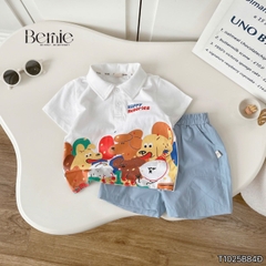 Set bộ polo cho bé trai áo tay ngắn họa tiết Memorie đa sắc kèm quần short kaki size 9 đến 25kg BERNIE T1025B84Đ 