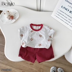 Set bộ thun tay ngắn họa tiết Gấu nhỏ vui nhộn kèm quần short kaki size 9 tới 28kg BERNIE T1125B18