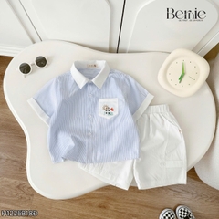  Set bộ sơ mi tay ngắn cho bé trai họa tiết kẻ Summer kèm quần short kaki size 9 đến 25kg BERNIE H1225B18Đ 