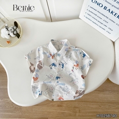  Set sơ mi 3 chi tiết tay ngắn cho bé trai họa tiết Mèo Khám Phá kèm quần short kaki size 9 tới 28kg BERNIE H1025B74Đ