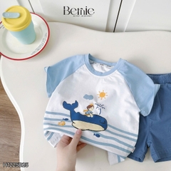 Set bộ ngắn tay raplang họa tiết Cá voi nghộ nghĩnh kèm quần short kaki cho bé trai size 9 tới 28kg BERNIE H1125B25