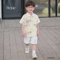 Set bộ sơ mi bé trai đi chơi đi biển áo tay ngắn họa tiết Papa Cat kèm quần short 11 tới 28kg BERNIE H1225B28