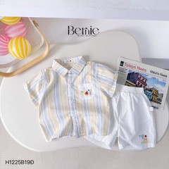  Set bộ sơ mi tay ngắn cho bé trai họa tiết kẻ DƯA HẤU kèm quần short kaki size 9 đến 25kg BERNIE H1225B19Đ