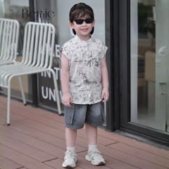 Set bộ sơ mi áo tanktop họa tiết graphic Secret cho bé trai kèm quần short jean 9kg đến 28kg BERNIE H1225B31