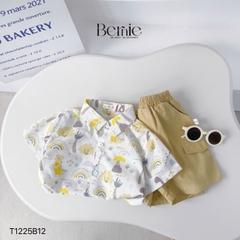Set bộ sơ mi đi chơi đi biển tay ngắn họa tiết in tràn Cầu vồng kèm quần short cho bé trai size 11 tới 28kg BERNIE T1225B12