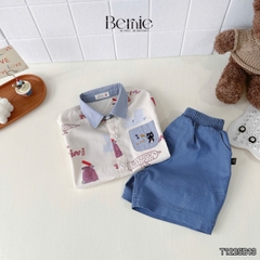 Set bộ đi chơi tay ngắn áo sơ mi họa tiết in tràn Idol cho bé trai kèm quần short denim size 11 đến 28kg BERNIE T1255B13