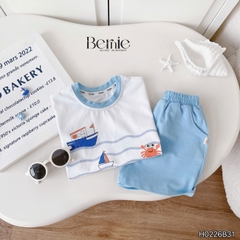 Set bộ ngắn tay đi chơi đi biển họa tiết Đại Hải Trình kèm quần short cho bé trai size 9 tới 25kg BERNIE H0226B31