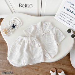 Set bộ sơ mi ren mây trắng tay ngắn cho bé trai đi chơi đi biển size 9 tới 27kg BERNIE H0226A05