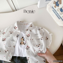  Set sơ mi 3 chi tiết áo tay ngắn họa tiết in tràn Cún áo ba lỗ kèm quần short kaki cho bé trai 9 tới 28kg BERNIE H1225B38