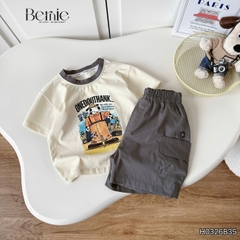 Set bộ tay ngắn áo thun họa tiết Happy Worker kèm quần short kaki cho bé trai size 9 đến 28kg BERNIE H0326B35