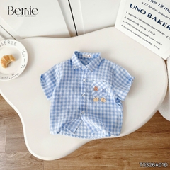 Áo sơ mi caro xannh ngắn tay kèm áo ba lỗ ô tô cho bé trai đi chơi đi biển mặc nhà size 9 tới 27kg BERNIE T0326A01Đ