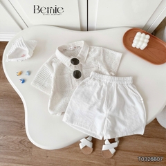 Set bộ sơ mi tay ngắn áo ren kèm quần short đũi trắng cho bé trai đi chơi đi biển size 9 tới 27kg BERNIE T0326B07