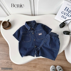 Set bộ sơ mi denim cho bé trai áo sơ mi phối túi kèm quần short size 9 đến 28kg BERNIE T0126B13Đ