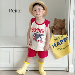 Set bộ ba lỗ áo thun phối màu họa tiết Baby Shark kèm quần short cho bé trai đi chơi đi biển size 1 tới 7 tuổi BERNIE H0326B34