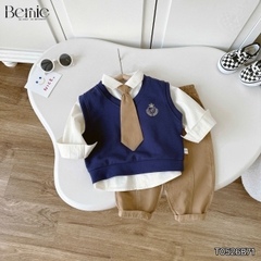 Set bộ 4CT áo sơ mi tay dài áo gi lê rời thêu phù hiệu kèm cà vạt và quần kaki size 1 đến 7 tuổi BERNIE T0526B71