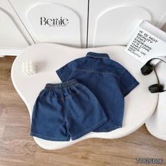 Set bộ sơ mi denim cho bé trai áo sơ mi phối túi kèm quần short size 9 đến 28kg BERNIE T0126B13Đ