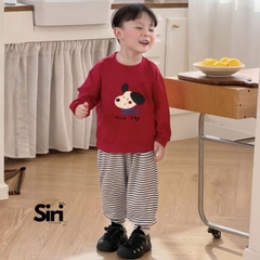 Set bộ dài tay thu đông thun cotton áo đỏ họa tiết cún nhỏ ấm áp kèm quần dài kẻ sọc size 9 tới 26kg BERNIE SIRI 6382BDK