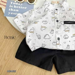 Set đồ bộ sơ mi tơ đũi ngắn tay cho bé trai đi biển đi chơi áo họa tiết hoa lá cây dừa nổi bật kèm quần BERNIE