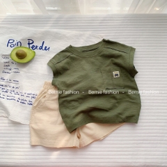 Áo tanktop cotton xược túi ngực thêu gấu dáng hàn quốc cho bé trai bé gái từ 9đến 24kg BERNIE 23A026
