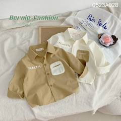 Áo sơ mi ngắn tay bé trai đáp túi chữ Plastic vintage chất thô đũi mềm cho bé 1 đến 7 tuổi BERNIE