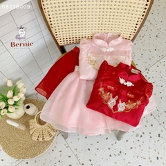 Áo dài tết chân váy cách tân bé trai bé gái BERNIE kids phối viền thêu thỏ 1 đến 7 tuổi 0823B009