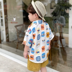 Set sơ mi tơ đũi cho bé trai đi biển đi chơi áo họa tiết hoa lá cây dừa nổi bật kèm quần BERNIE