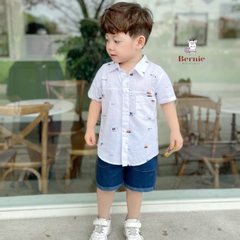 Set đồ sơ mi trắng thô mềm ngắn tay họa tiết ô tô cho bé trai phối quần short jean hàn đi chơi đi học sành điệu 1 đến 7 tuổi BERNIE Heo Có Cổ