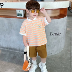 Set bộ thun ngắn tay kẻ thể thao cho bé trai in tennis kèm quần short kaki đắp túi 1 đến 7 tuổi BERNIE 0424B36