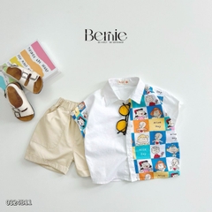 Set sơ mi họa tiết hoạt hình cho bé trai kèm quần short kaki ngắn đi chơi đi học 1 đến 7t BERNIE 0324B11