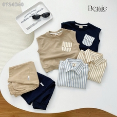 Set gilê kẻ 3 chi tiết áo sơ mi dài tay áo gi lê quần kaki cho né trai 1 đến 7 tuổi BERNIE 0724B40
