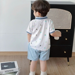 Set đồ thun bé trai polo áo ngắn phông màu trắng quần kaki mềm họa tiết thuyền 1 đến 7 tuổi BERNIE 1223B010T