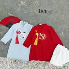 Áo dài cách tân bé trai mặc tết chất tafta thêu hạc màu xanh màu đỏ size 10 đến 25kg BERNIE 0824B37