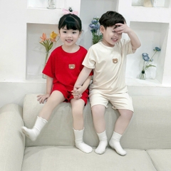 Đồ bộ unisex tay ngắn chất thun tăm cho bé trai bé gái họa tiết thêu gấu size từ 9 đến 24kg BERNIE H0125B14