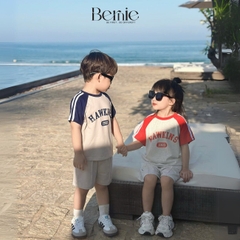 Set bộ tay ngắn thể thao áo raplang họa tiết Hawkins kèm quần short cho bé trai bé gái size 1 đến 7 tuổi BERNIE P0225B14