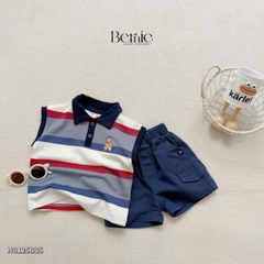 Set bộ polo kẻ ngang tanktop thêu gấu cho bé trai kèm quần short jean phong cách Hàn quốc 9 đến 28kg BERNIE H0125B35