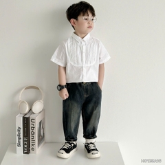 Áo sơ mi trắng công tử cộc tay xếp ly nổi cho bé trai size 9kg tới 28kg BERNIE H0125A16