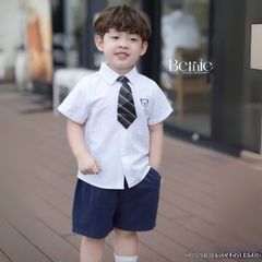 Set bộ sơ mi tay ngắn thêu gấu kèm cà vạt rời và quần short cho bé trai từ 9 đến 25kg BERNIE H0125B30