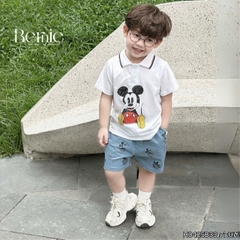 Set bộ tay ngắn cho bé trai áo polo họa tiết mickey và quần short jean in tràn size 1 đến 7 tuổi BERNIE Kids H0425B33