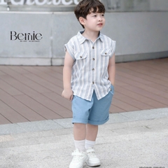 Set bộ tanktop cho bé trai áo sơ mi tanktop họa tiết kẻ xanh phối túi kèm quần short jean 9kg đến 28kg BERNIE P1224B01