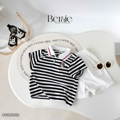 Set bộ polo kẻ đen phối màu thêu cún kèm quần short kaki cho bé trai 1 đến 7 tuổi BERNIE H0625B02