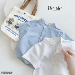 Áo sơ mi cổ trụ cho bé trai tay ngắn phối túi ngực nhiều màu size 9 tới 28kg BERNIE P1124A93