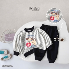 Set bộ nỉ tay dài kẻ sọc ngang phối màu họa tiết hình in cún dễ thương kèm quần dài unisex bé trai bé gái size 1 đến 7 tuổi BERNIE H0625B21