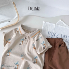 Set bộ polo cho bé trai màu nâu họa tiết cây dừa in tràn kèm quần short đùi kaki 1 đến 7 tuổi BERNIE H1124B14