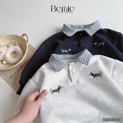 Set bộ nỉ tay dài phối cổ sơ mi sọc họa tiết thêu cún dễ thương kèm quần dài cho bé trai size 1 đến 7 tuổi BERNIE H0525B41